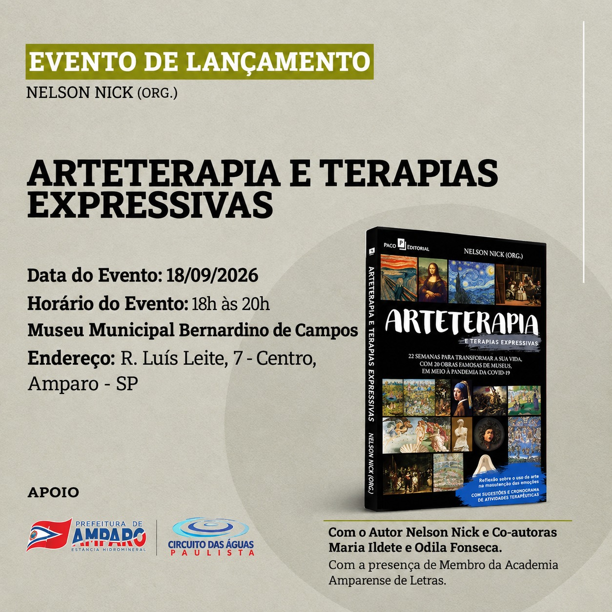 Museu Bernardino de Campos recebe lançamento do livro “Arteterapia e Terapias Expressivas” no dia 18 de setembro